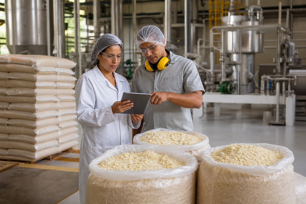 Equipe industrial conferindo a matéria-prima de um lote